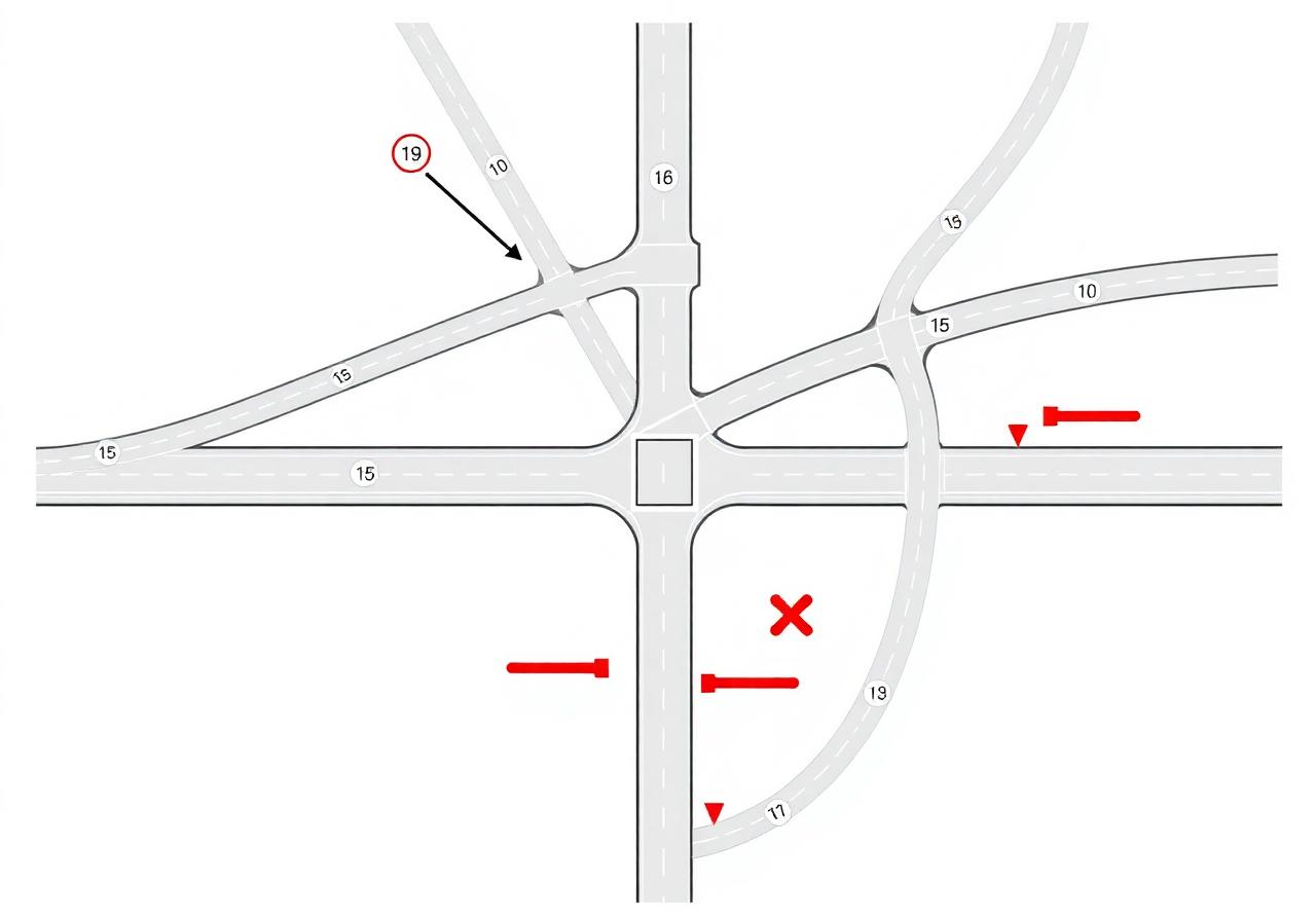 Junction diagram with one-way arrows and blocked roads