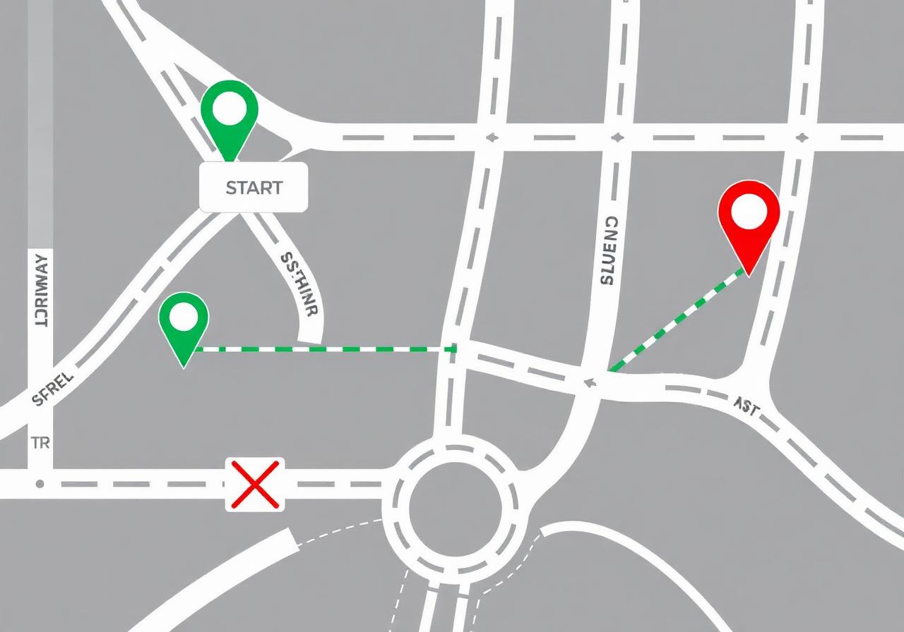 Route planning map with start, end markers and a closed road